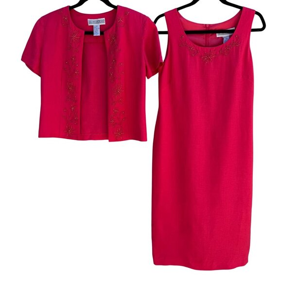 JESSICA HOWARD Womens Pink Linen Blend Floral Beaded Embroidery Dress Jacket Set - Picture 1 of 10